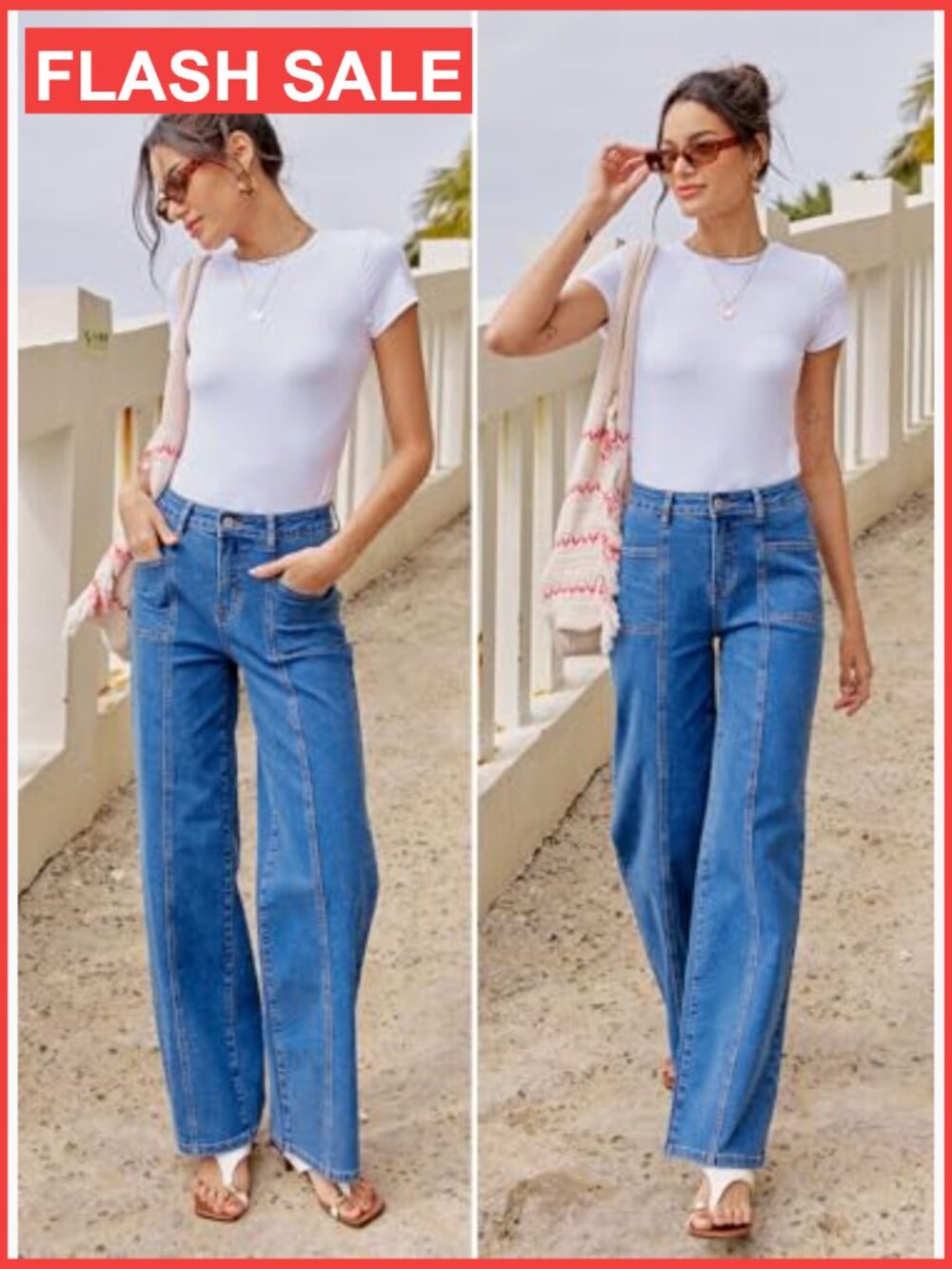 High Waisted Wide Leg Jeans Stretchy Baggy Denim Pants - Picture 5 of 7